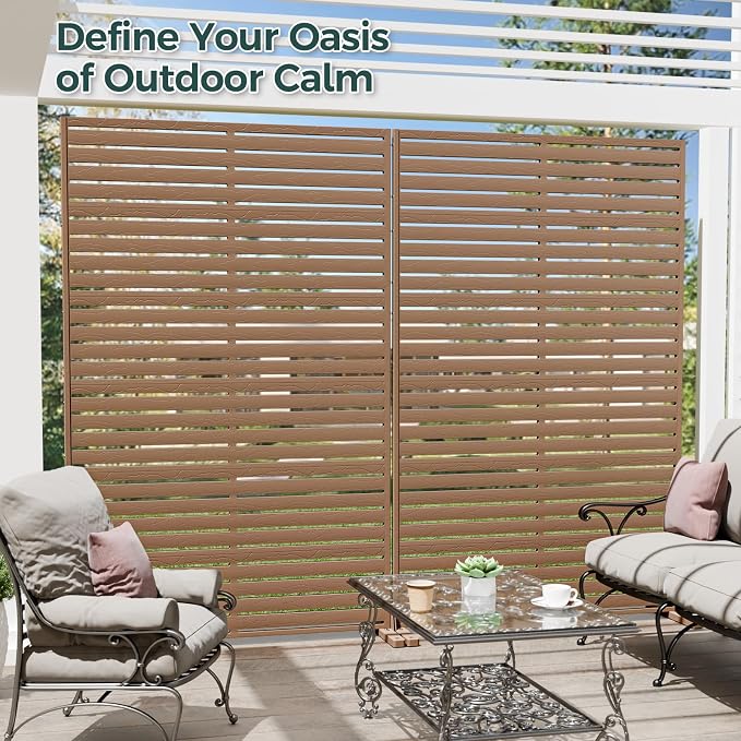 Privacy Screen Outdoor 72" Freestanding Privacy Panel with Stand, HDPE Decorative Privacy Fence with Louver Pattern, Patio Divider Screen, Privacy Screens for Outside, Balcony, Brown