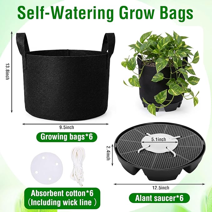 Jingmore 6 Set Self Watering Fabric Pot Base 5 Gallon Plant Nonwoven Grow Bags Automatic Watering System Plant Saucer Elevated Flower Trays with Handles for Fruits Vegetables Flowers Grow(Black)