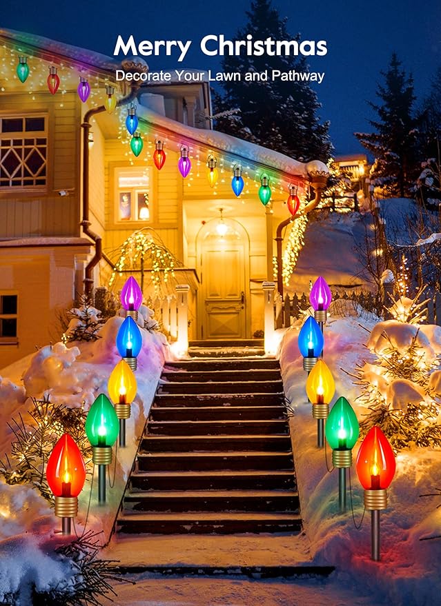Jumbo C9 Christmas Pathway Lights Outdoor - 2 Pack Total 17 Feet 10 LED C9 Walkway Lights, Multicolor Jumbo Light Christmas Bulb Light Outdoor Decorations for Lawn Holiday Outside Yard Garden