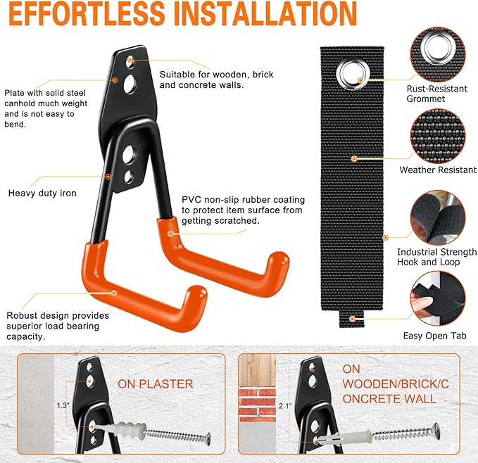 HUPBIPY 18 Pack Garage Hooks Heavy Duty Utility Steel with Anti-Slip Coating Wall Mount Storage Organizer for Hanging Power and Garden Tools, Ladders, Hose, Bikes, Ropes, Bulk Items, and More