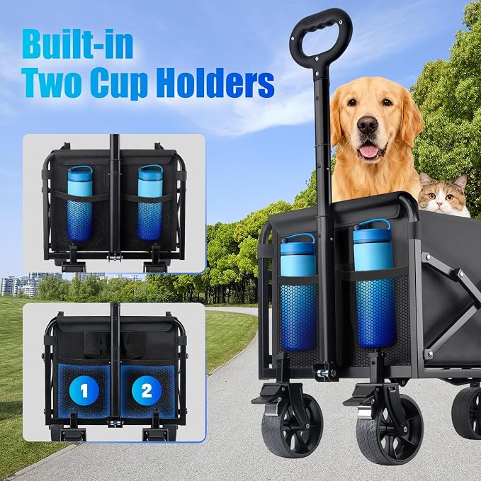 Collapsible Wagon Cart Foldable with Wheels - 280LBS Large Heavy Duty Folding Utility Wagon with All-Terrain Wheels & Brakes for Shopping Garden Beach Camping, 2 Drink Holders/Lightweight/Black