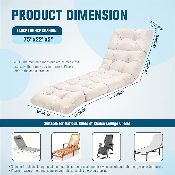 MTMR Chaise Lounge Cushion Outdoor, Non-Slip Chair Cushion for Patio Furniture, Waterproof Outdoor Replacement Seat Pad for Pool Lawn Wicker Couch Bench Loveseat, Long Thick Lounge Cushion, Beige