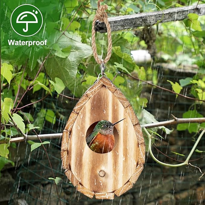 NATUREYLWL Hummingbird House for Outside - Natural Wooden Birdhouse for Bluebirds, Finches, Cardinals - Small Hanging Bird Nesting Box for Garden, Patio, or Yard - 5.9" D x 4.1" W x 3.8" H