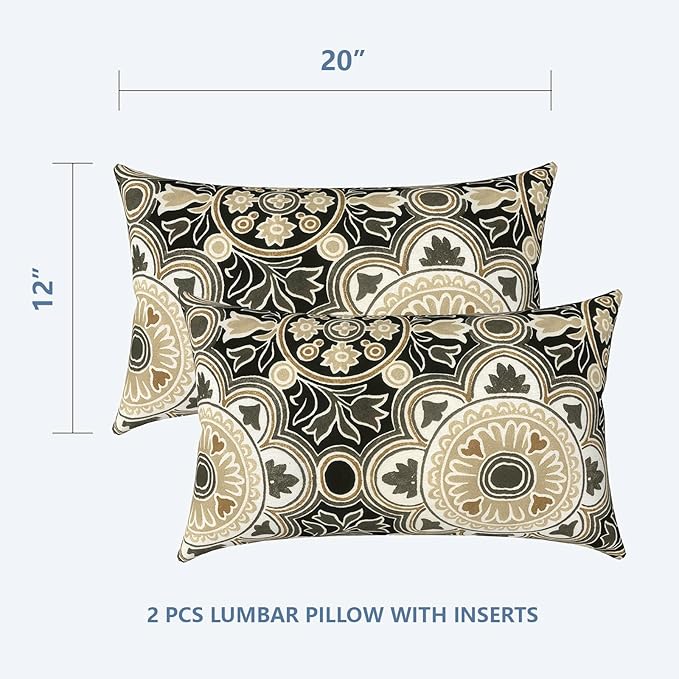 LVTXIII Outdoor/Indoor Lumbar Pillows, Decorative Patio Lumbar Cushions, Fluffy Water Repellent Garden Cushions for Home Patio Coach Sofa Use, 12×20 Inch, Pack of 2, Vintage Medallion