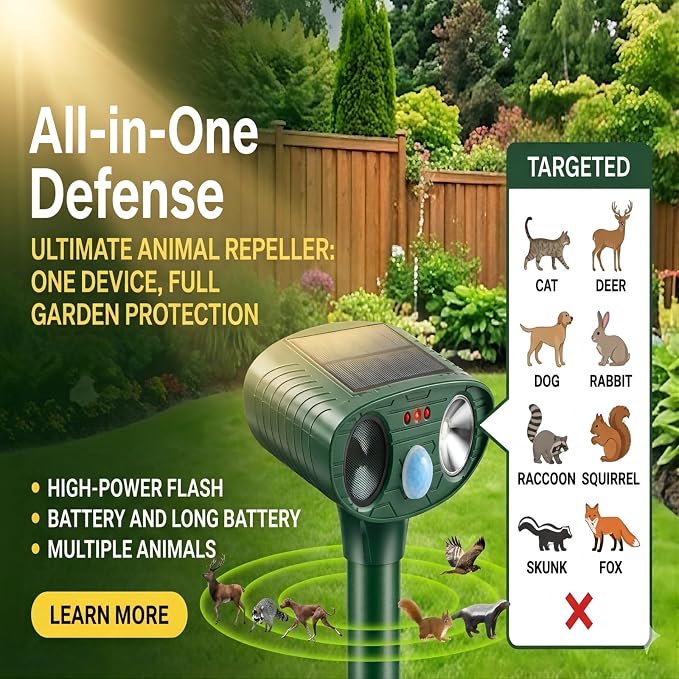 Sonic Fortress Pro Deer Repellent Devices,Sonic Deer Repeller Cat Deterrent Solar Squirrel Rabbit Racoon Repellent Outdoor Ultrasonic Animal Repeller Waterproof with Motion Sensor for Yard Garden