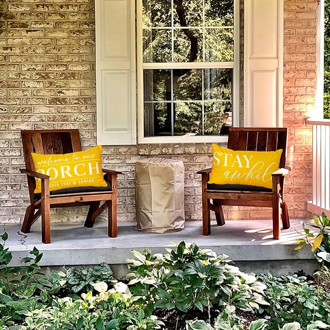 TAJWE Yellow Outdoor Pillow Covers Waterproof 12x20 Set of 2 Welcome to Our Porch Stay Awhile Cushion Cases for Patio Furniture Sofa Couch Decor