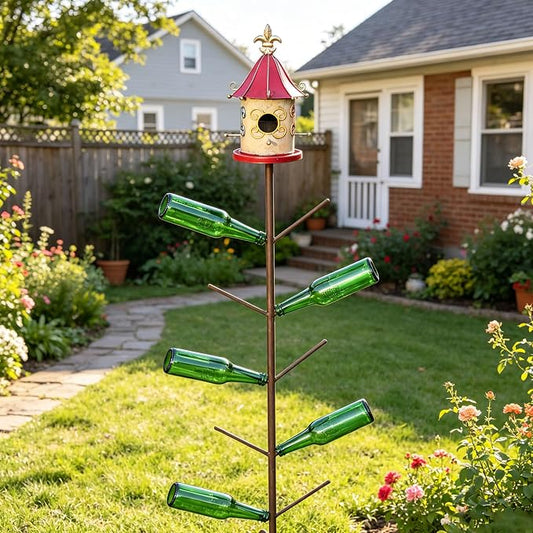59" H Bird House Bottle Tree for Outdoor Garden, Rust-Proof Metal Bottle Tree Stand, Garden Decorative Bottle Stand