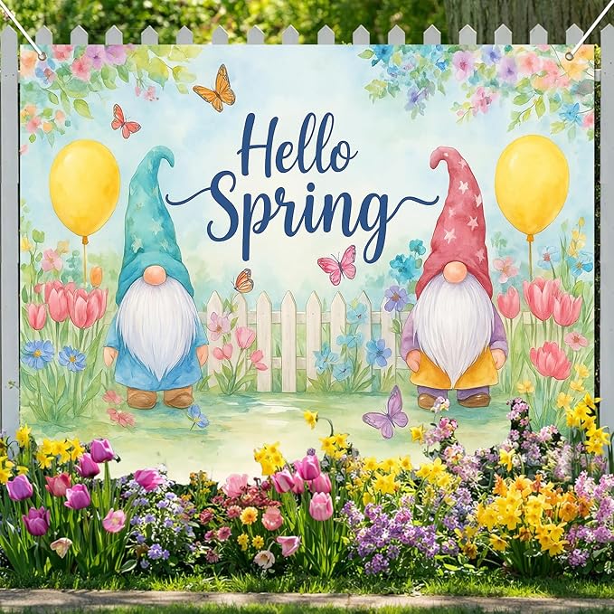 BlissYard Hello Spring Backdrop Cute Gnome Garden Scene Colorful Flowers Butterfly Fence Photo Booth Background Spring Party Home Decoration 8x6ft for Birthday Celebration Classroom Event Display