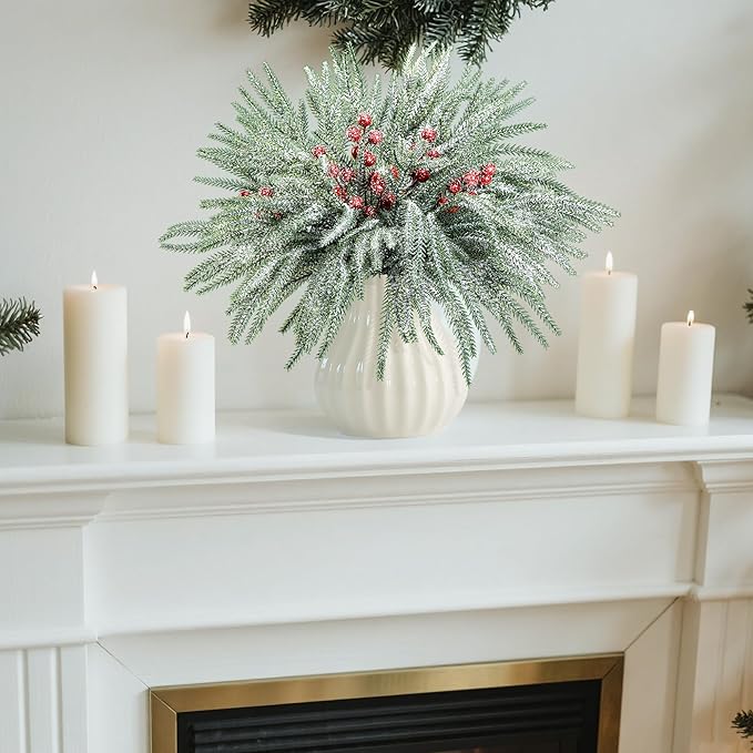 60 Pcs Christmas Snow Norfolk Pine Branches with Red Berry Stems, Snowy Artificial Xmas Branches Pine Tree Needle, Berries White Frosted Fake Greenery Norfolk Pines Stems Sprigs for Garland Home Decor