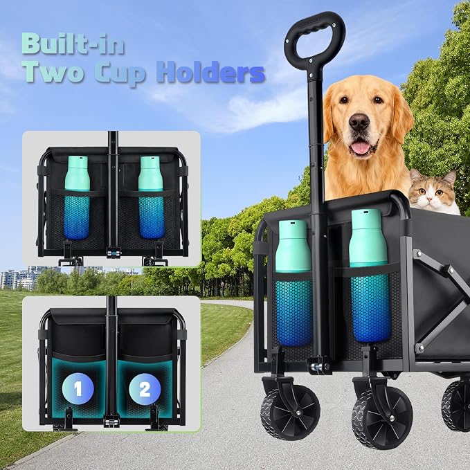 280LBS Collapsible Wagon Cart with Wheels - Heavy Duty Folding Wagon Carts for Grocery, Lightweight Utility Wagon with All-Terrain Wheels & 2 Cup Holders, Portable Beach Wagon for Shopping Garden