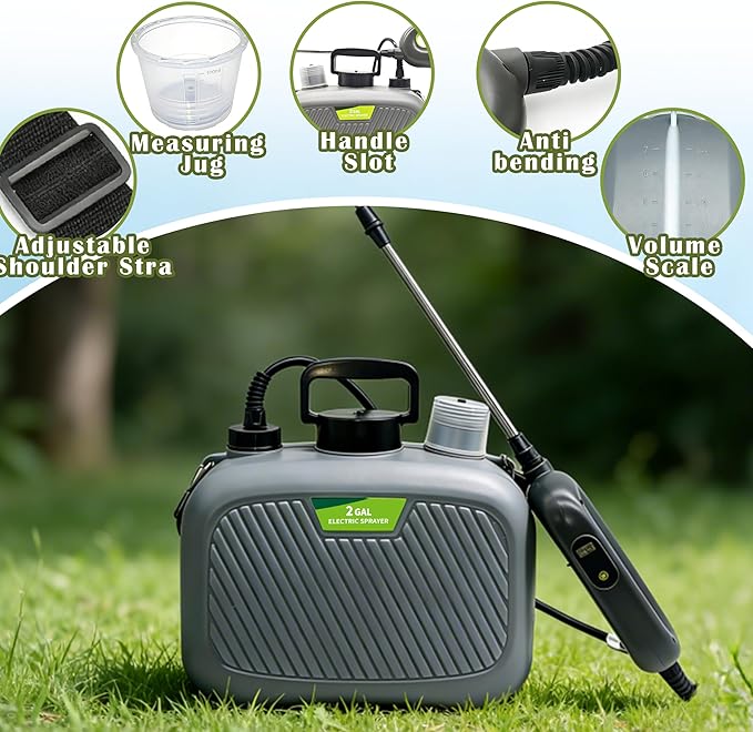 2 Gallon Battery Powered Sprayer, Covers 4,500 Sq Ft per Tank – Electric Sprayer with 3 Interchangeable Nozzles, Handle with Digital Battery Display, for Lawn, Garden & Outdoor Cleaning – Gray