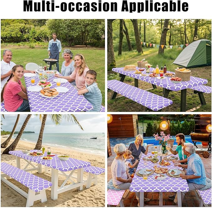 Smiry Picnic Table Cover with Bench Covers, Waterproof Elastic Fitted Tablecloth for 8 Foot Tables, Washable Polyester Tablecloths for Camping, Indoor & Outdoor (Lavender, 30x96 Inch 3-pc Set)