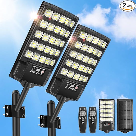 Solar Street Lights Outdoor Waterproof, 20000LM 6500K Motion Sensor LED Flood Lights, Dusk to Dawn Solar Lights with Remote, Solar-Powered Parking Lot Light, Commercial Area Lighting for Outside 2Pack