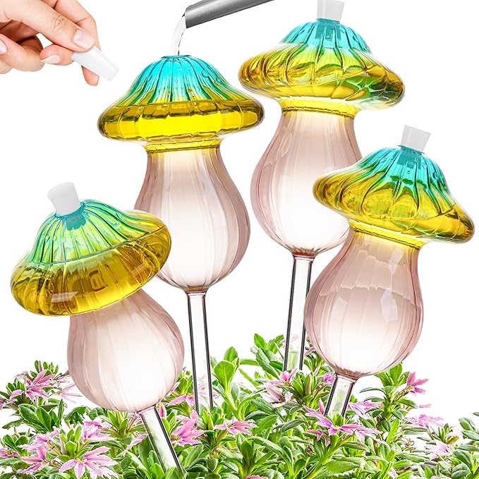 11 oz Large Plant Watering Globes, Glass Self Watering Globes, Gradient Color Mushroom Self Watering Planter Insert, Vacation Plant Watering Devices, Automatic Watering Bulbs (Large-4 Pack)
