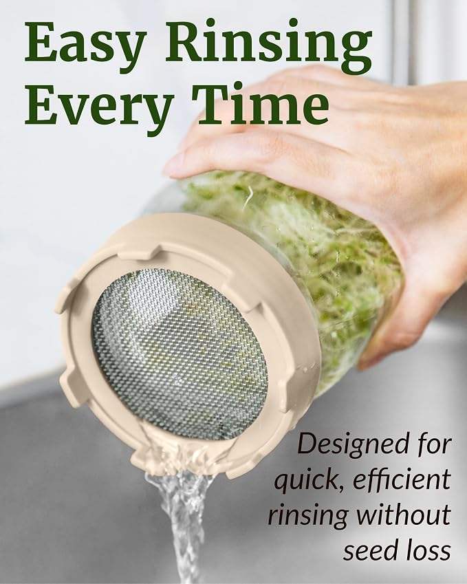 Elementi Sprouts Growing Kit for Wide Mouth Mason Jars, Set of 2 Sprouting Lids for Organic Alfalfa & Mung Bean Sprouts Grow Kit, 316 Stainless Steel Mesh Screen Strainer Lid (Sage Green)