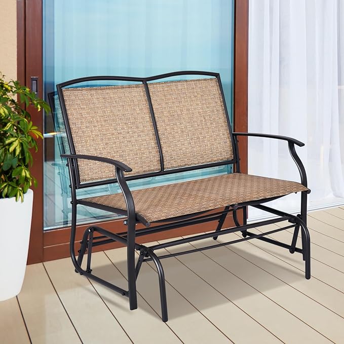 Giantex Patio Glider Bench, 400 Lbs Capacity, Steel Frame, Brown, Outdoor Swing Chair, 2-Person Loveseat, Back Support, Ergonomic Design, Superior Fabric, Natural Style