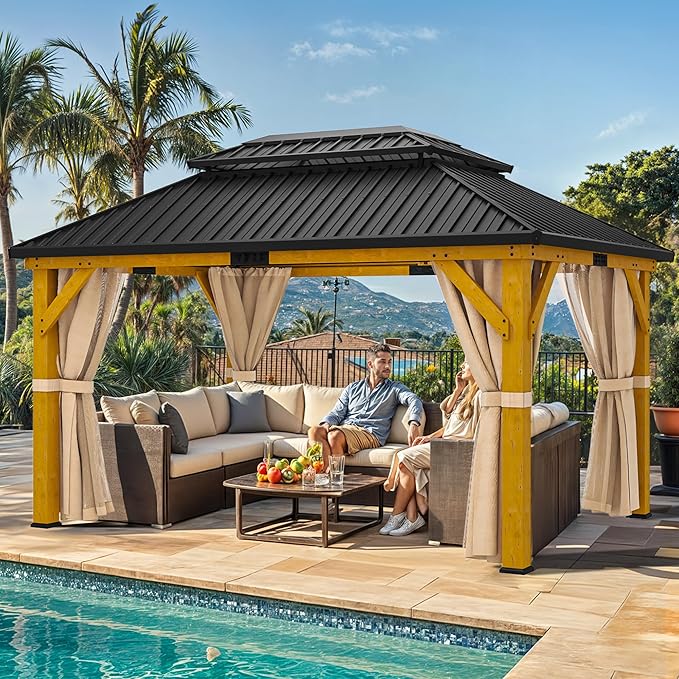 YITAHOME 11X13FT Wood Outdoor Gazebo Wooden Hardtop Gazebo Double Roof Hardtop Galvanized Steel Top Canopy w/Curtain and Netting, Patio Heavy Duty for Deck, Backyard, Golden