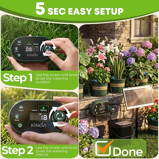 Solar Drip Irrigation System Kit, Auto Watering Kit for 15 Pots, 3W Solar Powered Auto Easy DIY Watering Device,22 Timing Modes with with Anti-Siphoning Device & Buckets and Flower Pots