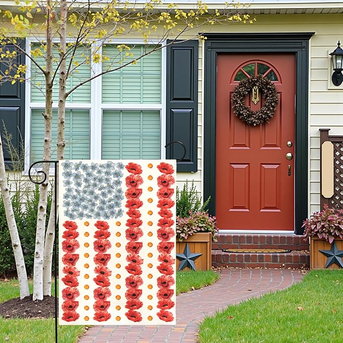 Patriotic Poppy Garden Flags American Flag Floral Yard Flags Double Sided Memorial Day Independence Day House Banner for Fourth of July Remembrance All Season Home Lawn Porch Decor 12x18 Inch