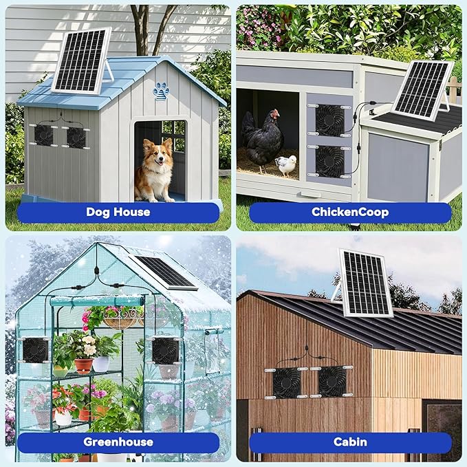 Solar Powered Fan Kit, Weatherproofed Exhaust Fan Air Ventilation Equipment with 25W Solar Panel and 2 High-Speed 5 Inch Dual Fans, Kit for Outside Chicken Coops, Pet House, Attics, Greenhouses, Shed