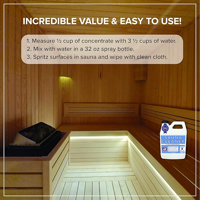 Tillbrook Sauna Cleaner - Makes 4 Gallons Concentrated Sauna Wood Cleaner - 32 oz All-Natural Cleaning Solution for Saunas - Safe for All Surfaces - Removes Grease, Sweat, & Dirt - Eucalyptus Scent