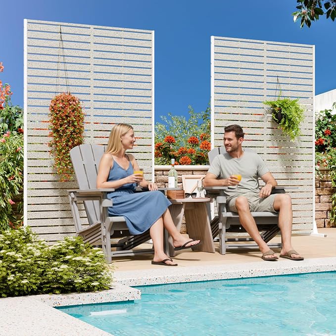Privacy Screen Outdoor 72" Hx47 W Freestanding Privacy Panel with Stand, HDPE Decorative Privacy Fence with Sandblasting Louver Pattern, Patio Divider Screen, Privacy Screens for Outside
