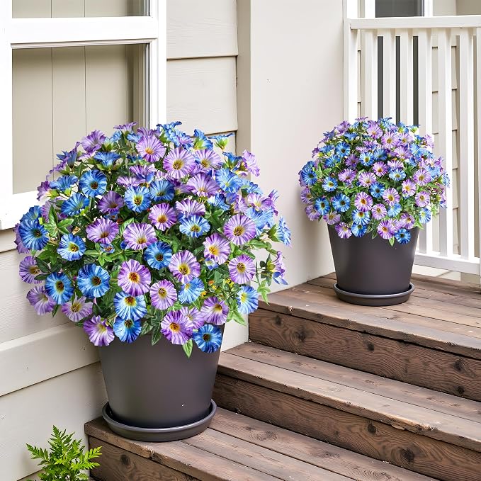 Blue Purple Artificial Morning Glory Flowers for Outdoor Planters, Premium UV Resistant Silk Faux Flowers for Porch, Hanging Basket & Window Box, Cottage Garden Decor, No Pot, 13.3 Inch, 8 Bundles