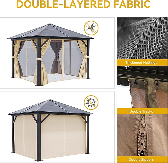 DWVO 10x10ft Gazebo Polycarbonate Hardtop Outdoor Canopy with Netting and Shaded Curtains, Single Roof Garden Tent for Patio, Backyard, Deck and Lawns, Brown