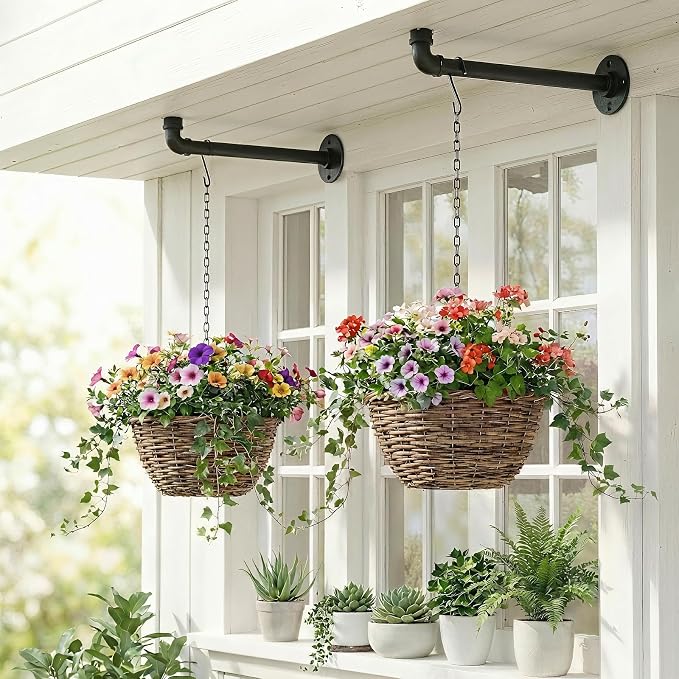 2 Pack Black Metal Pipe Plant Hanger Indoor with Hanging Chains, Industrial Window and Wall Mounted Hanging Rod Planter for Plants, Pot/Plant Not Included