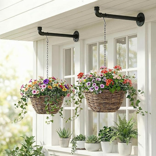2 Pack Black Metal Pipe Plant Hanger Indoor with Hanging Chains, Industrial Window and Wall Mounted Hanging Rod Planter for Plants, Pot/Plant Not Included