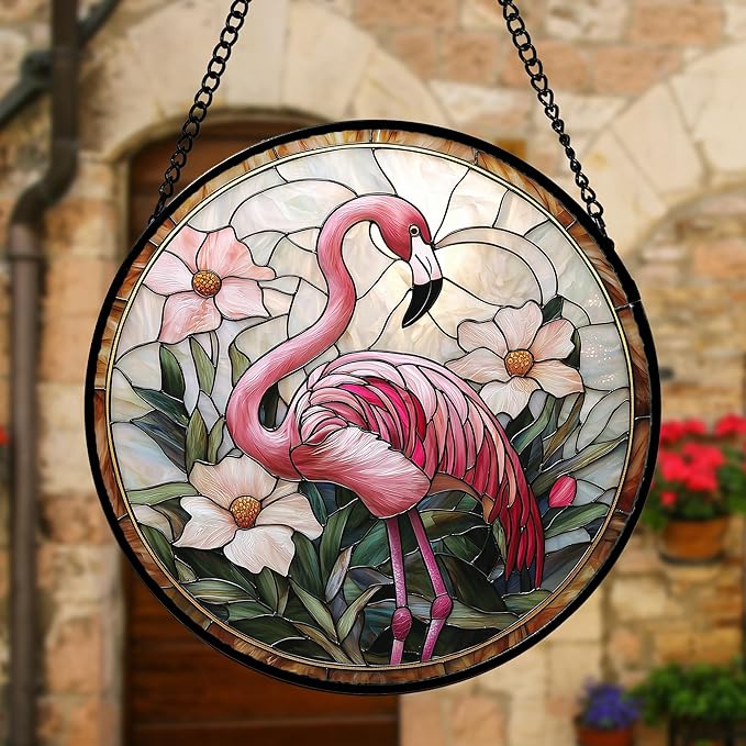 DASTOLL Stained Glass Window Hanging, Flamingo Flower Sun Catchers Diamond Glass Panel Hangings Pink Suncatcher Decor for Birthday for Women, Men, Wife, Aunt, and Mom 7.8 in