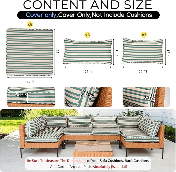 14 Piece Outdoor Patio Cushion Covers Replacement Waterproof with Zipper for 6-Seater Sectional Couch Chair Patio Furniture Conversation Sofa Seat Cushions Slipcovers Set, Only Cover