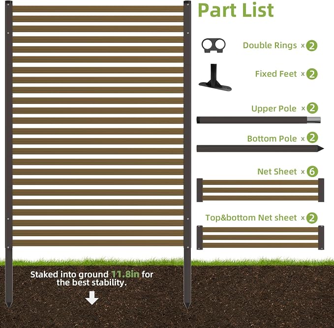 Privacy Screen Outdoor Freestanding with Base Feet,3.6ft×5ft Wood Grain PE-Coated Steel Fence Panels for Outside Garden Patio,Dark Brown