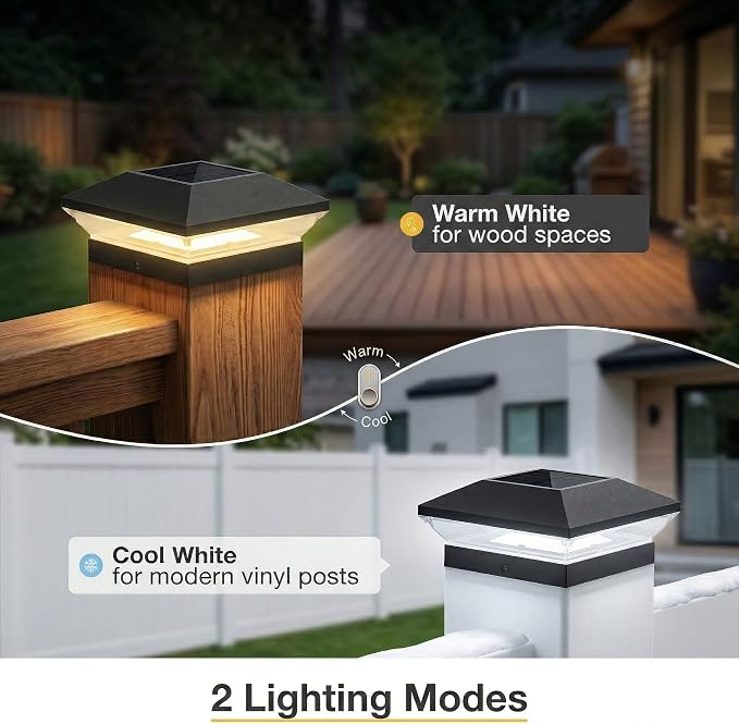 T-SUN 12 Pack Solar Post Cap Lights 4x4 5x5 6x6, Outdoor Waterproof Solar Deck & Fence Post Lights, Warm White/Cool White for Wood & Vinyl Posts, Fence, Deck, Gate & Porch