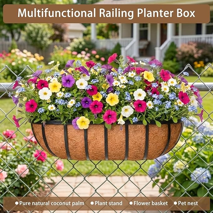 24 Inch Window Baskets with Coconut Liner Outdoor Wall Planter for Plants Long Window Flower Box for Porch Fence Patio Outdoor（4 Pack）