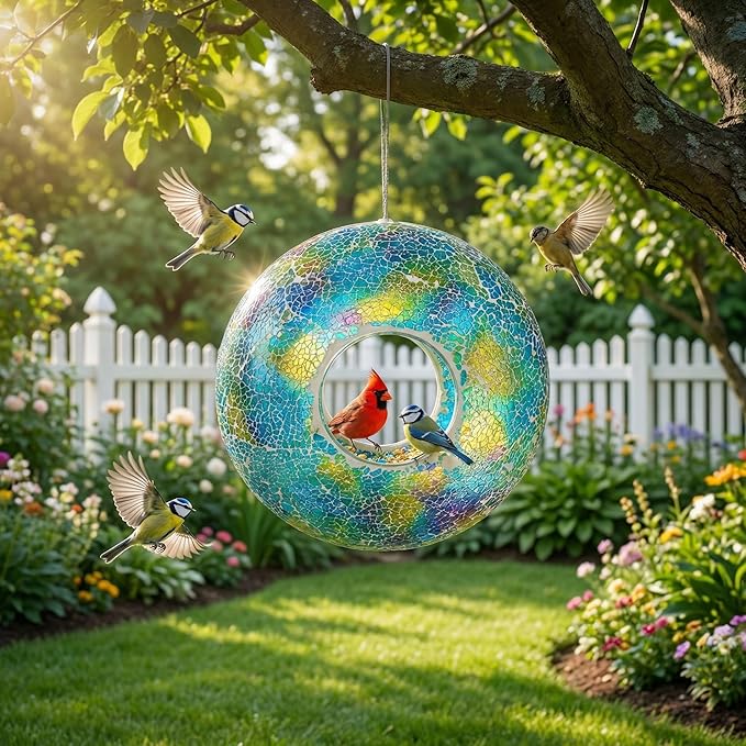 Mosaic Bird Feeder - Outdoor Fly Through Wild Hanging Bird Feeders with Mosaic Glass Design, 9 Inch, Blue