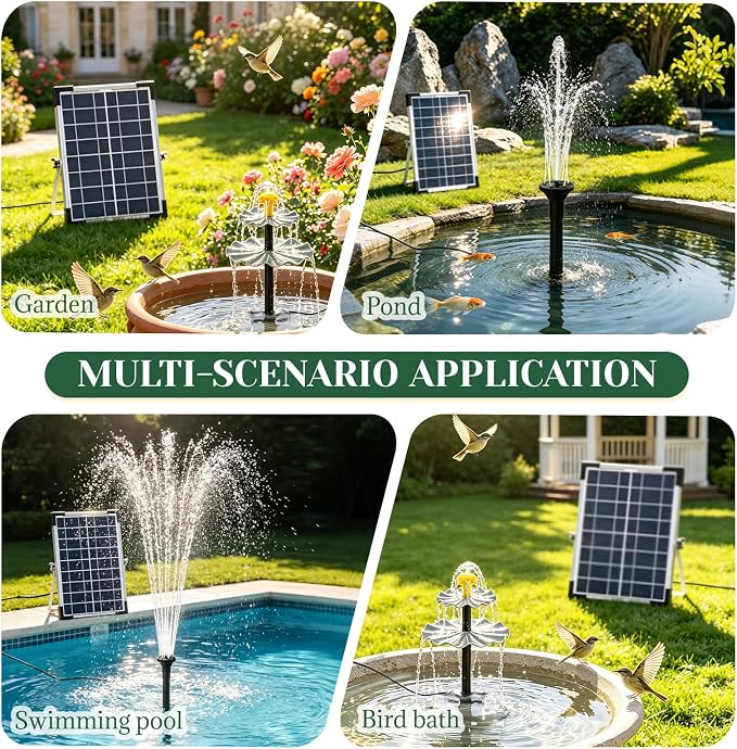 9V 6W Solar Fountain, Solar Water Pump with 3 Nozzles & 9.84ft Cable, Cascading Solar Fountain Solar Bird Bath Fountain for Small Pond, Patio, Garden, Outdoor Water Feature