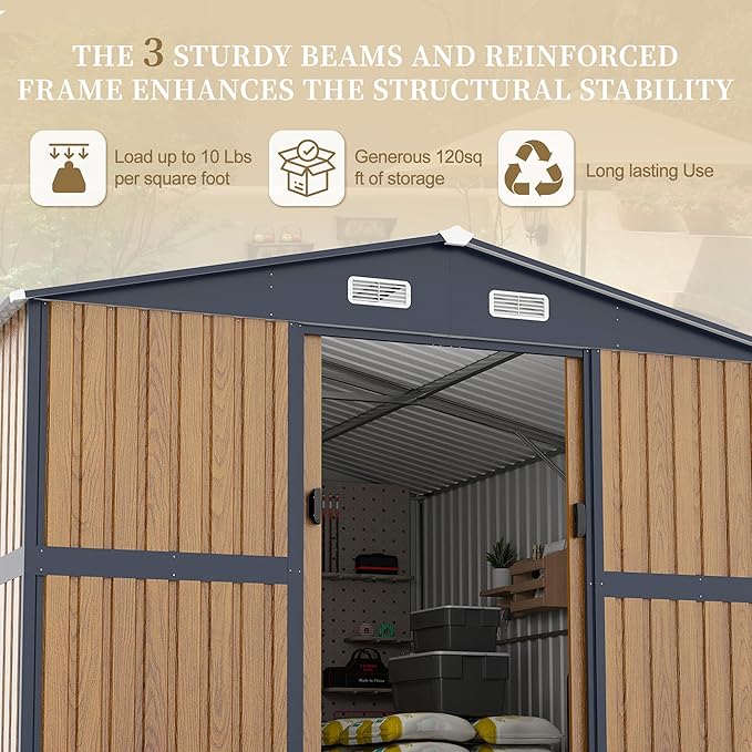 KEIKI 10x12 FT Outdoor Metal Storage Shed with Lockable Doors, Windows, and Ventilation, Garden Shed for Backyard, Patio, or Tool Storage, Yellow