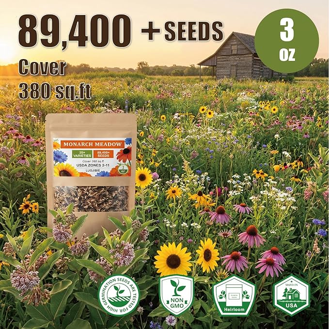 Wildflower Seeds Mix (3oz) - 89.400+Seeds - Non-GMO Milkweed Seeds for Monarch Butterflies - 25+Varieties Annual & Perennial Wildflowers Mix - Bulk Flower Seeds for Pollinator Gardens