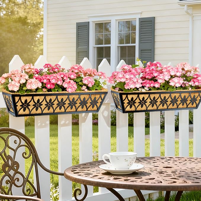 24 Inch Window Boxes Planters Railing Planter Box - 6 Pack Deck Railing Planter Boxes with Adjustable Brackets Coco Liners Balcony Planters Railing Hanging for Window Flower Boxes Outdoor Garden Decor