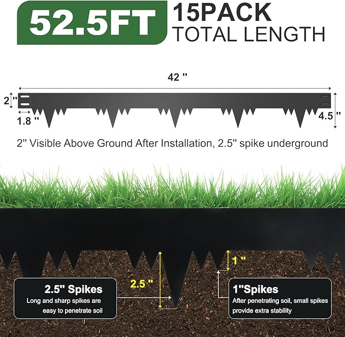 Metal Landscape Edging Border 15 Packs 42'' L x 4.5'' H, Galvanized Steel Garden Edging Border with 15 Stakes, Hammer-in Lawn Edging for Landscaping, Flower Bed, Yard, Pathway, Tree Ring(52ft Total)
