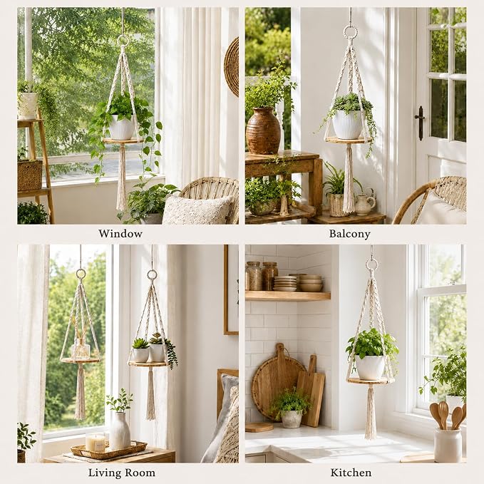 Artilady 2 Pack Macrame Hanging Planter with Wood Shelf, Boho Plant Hanger for Indoor Plants Basket Holder for Window Balcony Kitchen