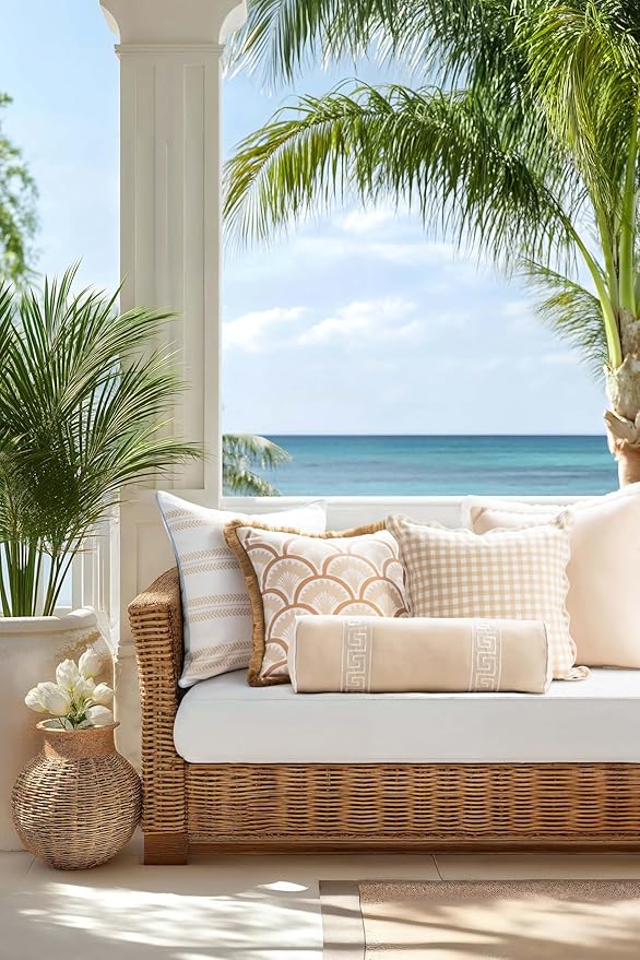 Hofdeco Premium Coastal Hampton Patio Indoor Outdoor Bolster Pillow Cover Only, 8"x24" Water Repellent for Backyard, Couch, Poolside, Neutral Tan Embroidered Greek Key