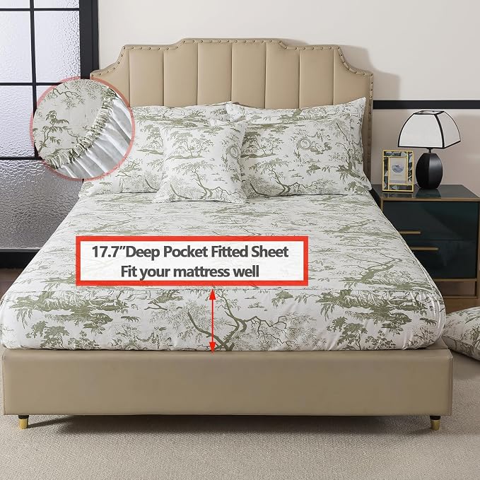 FADFAY Toile Sheets Set King Sage Green Toile de Jouy Bedding Pastoral Print French Country Bedding 100% Egyptian Cotton Farmhouse Sheets Breathable Soft 4Pcs Deep Pocket Sheet Set for All Seasons