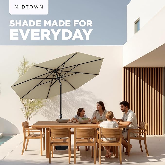 Midtown Umbrellas - 10-Year-No-Fade 9 Ft Patio Umbrella with Terylast Fabric, Auto-Tilt Aluminum Frame and 8 Reinforced Ribs for Deck, Pool, Garden & Beach - Chestnut Beige Canopy, Black Pole