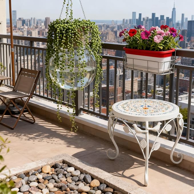 Rustic Metal Plant Stand Set of 2 Indoor & Outdoor Round Ceramic Top Mosaic Planter Pot Stand Low Heavy Duty Flower Holder Rack for Garden Patio Living Room Farmhouse Accessory Decor Gift White Flower Bird