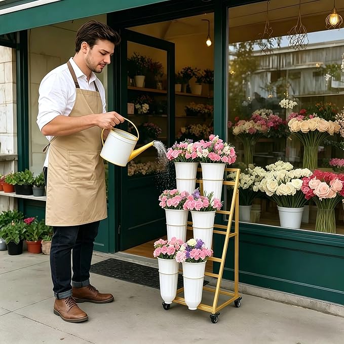 3FT Flower Display Stand with 6 Buckets,Metal Flower Bar Stand with Wheels,3 Layers Moving Florist Bouquet Shelf for Indoor Outdoor Garden,Flower Shop,Wedding,Party Decor (GOLD)