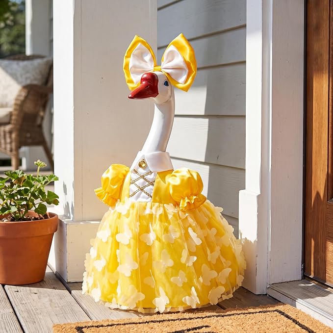 Porch Goose Statue with Yellow Princess Outfits- 19.5" Garden Resin Goose Decorative Figurine Cute Sculpture for Outdoor Patio Lawn Yard Balcony Decor Housewarming Birthday Gift for Women Mom