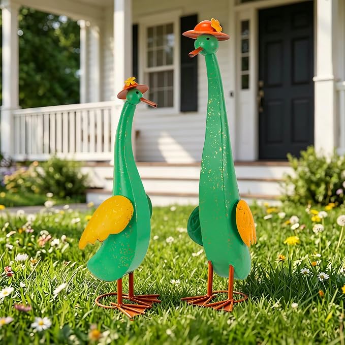 22" Duck Garden Statue Set of 2 Metal Ducks | Outdoor Decor Porch Animal Figurine Yard Art Sculptures Rustproof Lawn Ornament for Outside Patio Backyard Decorations
