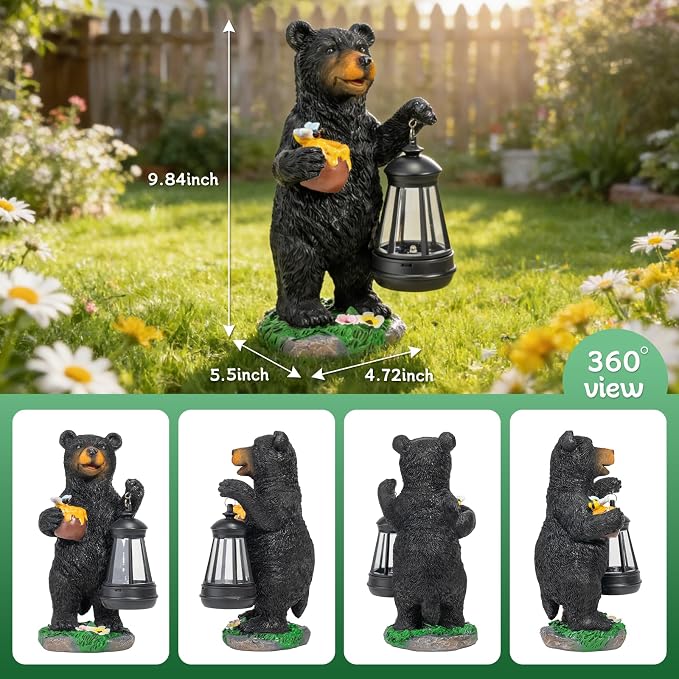 Pohabery Solar Bear Garden Statue with Lantern, Resin Bear Figurine for Outdoor Yard Lawn Porch Pathway Decor